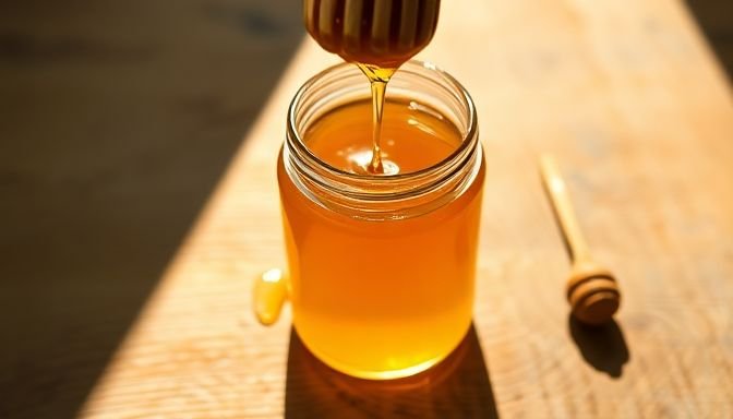 Μια καράφα μέλι με κουτάλι να στάζει πάνω σε ξύλινη επιφάνεια