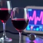 Ένα ποτήρι κόκκινο κρασί με θυμίσματα ιατρικών οργάνων στο φόντο, υποδηλώνοντας τις επιπτώσεις του αλκοόλ στην υγεία.