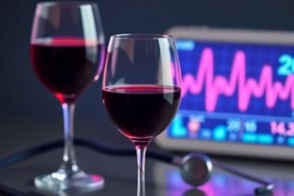 Ένα ποτήρι κόκκινο κρασί με θυμίσματα ιατρικών οργάνων στο φόντο, υποδηλώνοντας τις επιπτώσεις του αλκοόλ στην υγεία.