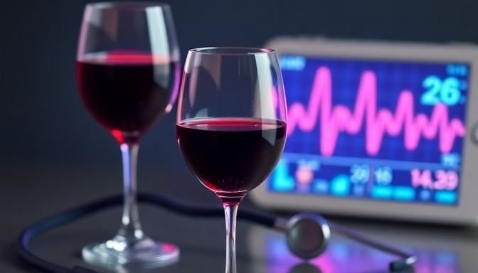 Ένα ποτήρι κόκκινο κρασί με θυμίσματα ιατρικών οργάνων στο φόντο, υποδηλώνοντας τις επιπτώσεις του αλκοόλ στην υγεία.
