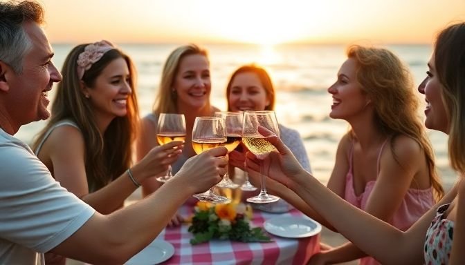 Οι νέες έρευνες για το αλκοόλ ανατρέπουν όσα πιστεύαμε για τα οφέλη 3 Φίλοι γιορτάζουν με κρασιά στην παραλία