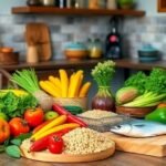 Ένα υγιεινό μενού με φρούτα, λαχανικά και δημητριακά ολικής άλεσης, που αποπνέει υγεία και ευεξία για ηλικιωμένους.