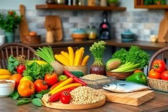 Ένα υγιεινό μενού με φρούτα, λαχανικά και δημητριακά ολικής άλεσης, που αποπνέει υγεία και ευεξία για ηλικιωμένους.