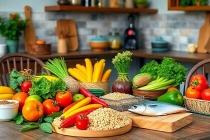 Ένα υγιεινό μενού με φρούτα, λαχανικά και δημητριακά ολικής άλεσης, που αποπνέει υγεία και ευεξία για ηλικιωμένους.