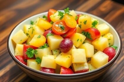 Πεντανόστιμη πατατοσαλάτα με baby πατάτες, λαχανικά και αρωματικό λαδολέμονο σε ένα όμορφο μπολ.