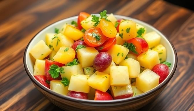 Πεντανόστιμη πατατοσαλάτα με baby πατάτες, λαχανικά και αρωματικό λαδολέμονο σε ένα όμορφο μπολ.