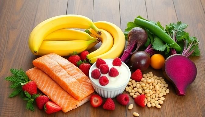 Φωτογραφία με τρόφιμα όπως σολομός, μπανάνες, φράουλες, βατόμουρα και παντζάρια που ενισχύουν τη λίμπιντο σύμφωνα με τον Dr. Amen.
