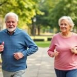 Εντυπωσιακή εικόνα ενός ηλικιωμένου ζευγαριού που δραστηριοποιείται σε έναν ήρεμο πάρκο, εστιάζοντας στην υγιή σχέση σώματος και βάρους στα γεράματα.