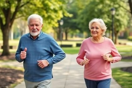 Εντυπωσιακή εικόνα ενός ηλικιωμένου ζευγαριού που δραστηριοποιείται σε έναν ήρεμο πάρκο, εστιάζοντας στην υγιή σχέση σώματος και βάρους στα γεράματα.