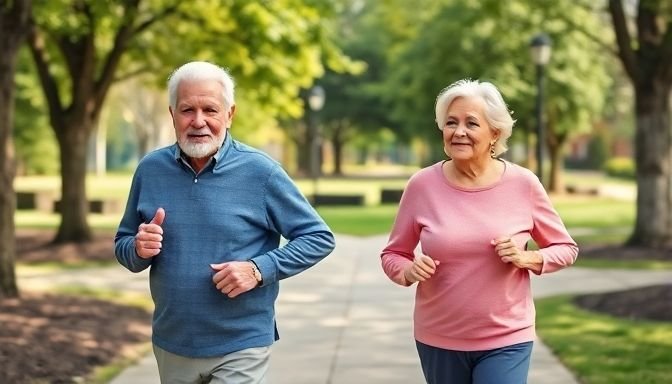 Εντυπωσιακή εικόνα ενός ηλικιωμένου ζευγαριού που δραστηριοποιείται σε έναν ήρεμο πάρκο, εστιάζοντας στην υγιή σχέση σώματος και βάρους στα γεράματα.