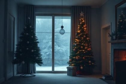 Σκηνή μελαγχολίας κατά τη διάρκεια των Χριστουγέννων, με χριστουγεννιάτικο δέντρο και χιόνι έξω, που αποπνέει αίσθηση θλίψης και μοναξιάς.