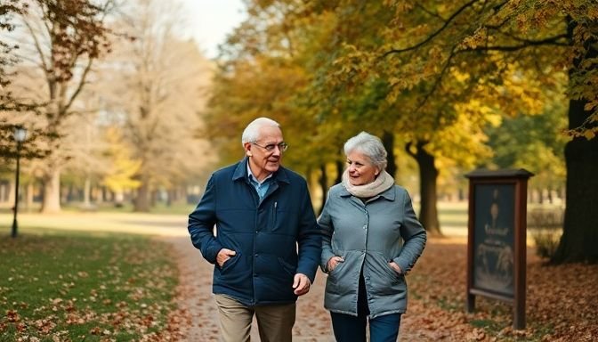 Ευτυχισμένο ηλικιωμένο ζευγάρι περπατώντας σε πάρκο