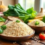 Σκηνή με κοινές τροφές που μπλοκάρουν τη δίαιτα, όπως σιτάρι, ρύζι, καλαμπόκι και βρώμη, σε ξύλινο τραπέζι.