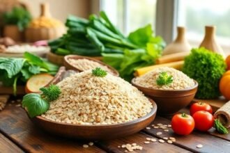 Σκηνή με κοινές τροφές που μπλοκάρουν τη δίαιτα, όπως σιτάρι, ρύζι, καλαμπόκι και βρώμη, σε ξύλινο τραπέζι.