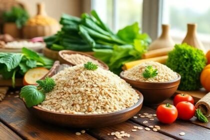 Σκηνή με κοινές τροφές που μπλοκάρουν τη δίαιτα, όπως σιτάρι, ρύζι, καλαμπόκι και βρώμη, σε ξύλινο τραπέζι.