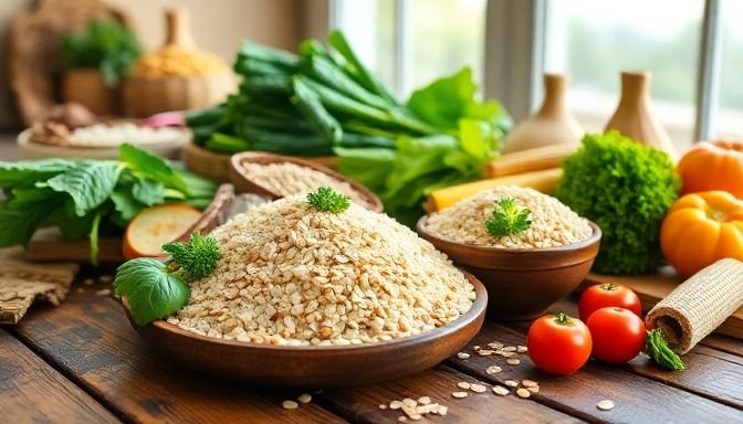 Σκηνή με κοινές τροφές που μπλοκάρουν τη δίαιτα, όπως σιτάρι, ρύζι, καλαμπόκι και βρώμη, σε ξύλινο τραπέζι.