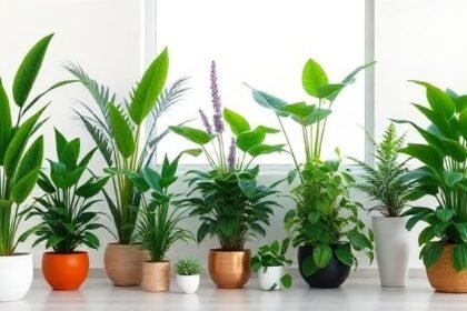 Ποικιλία εσωτερικών φυτών που καθαρίζουν τον αέρα και προσφέρουν ηρεμία σε φωτεινό χώρο.