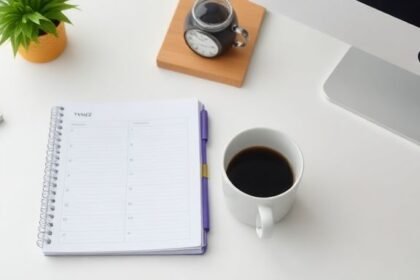 Οργανωμένος χώρος εργασίας με planner και καφέ, που αντιπροσωπεύει τη διαχείριση του χρόνου.