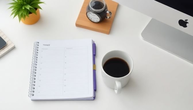 Οργανωμένος χώρος εργασίας με planner και καφέ, που αντιπροσωπεύει τη διαχείριση του χρόνου.