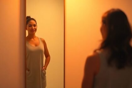 Άτομο που κοιτάζει τον εαυτό του στον καθρέφτη, αντανακλώντας αυτοαποδοχή και δύναμη.