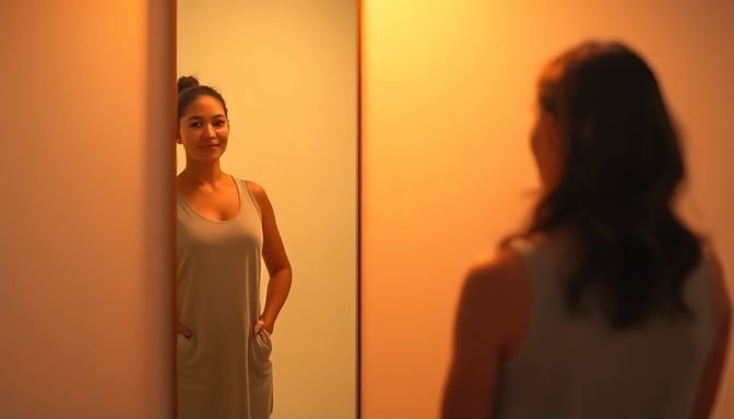 Άτομο που κοιτάζει τον εαυτό του στον καθρέφτη, αντανακλώντας αυτοαποδοχή και δύναμη.