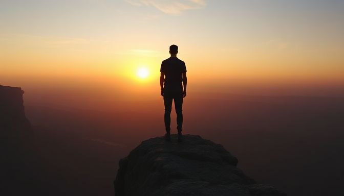 Ένας άνθρωπος κοιτάζει το ηλιοβασίλεμα από ένα βράχο, συμβολίζοντας την ανασκόπηση και την ελπίδα για τη νέα χρονιά.