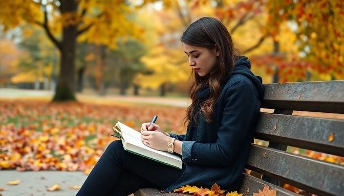 Νεαρή γυναίκα γράφει σε ημερολόγιο στο πάρκο