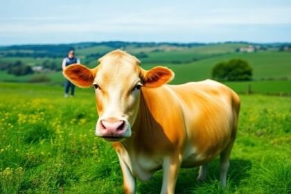 Ένα άτομο αγκαλιάζει μια ήρεμη αγελάδα σε καταπράσινο τοπίο της Υόρκσάιρ, αντανακλώντας τη χαλάρωση και τη σύνδεση με τη φύση.