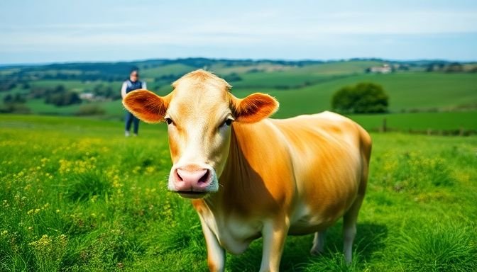 Ένα άτομο αγκαλιάζει μια ήρεμη αγελάδα σε καταπράσινο τοπίο της Υόρκσάιρ, αντανακλώντας τη χαλάρωση και τη σύνδεση με τη φύση.