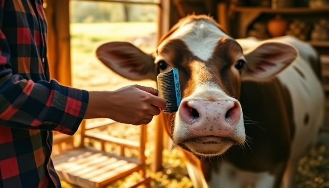 Άτομο που χτενίζει μια αγελάδα σε αγροτική φάρμα
