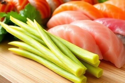 Ρίζα wasabi και σούσι, που αναδεικνύει τη γεύση της ασιατικής κουζίνας.