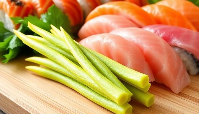 Ρίζα wasabi και σούσι, που αναδεικνύει τη γεύση της ασιατικής κουζίνας.