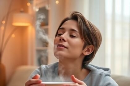 Άτομο που εισπνέει ατμό από μπολ για ανακούφιση από βουλωμένη μύτη.