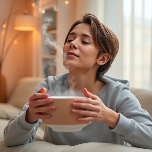 Άτομο που εισπνέει ατμό από μπολ για ανακούφιση από βουλωμένη μύτη.