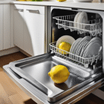 Ένα καθαρό πλυντήριο πιάτων με λεμόνι και ξύδι σε μια μοντέρνα κουζίνα.