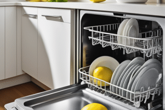 Ένα καθαρό πλυντήριο πιάτων με λεμόνι και ξύδι σε μια μοντέρνα κουζίνα.