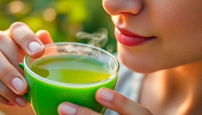 Οι 7 τροφές που «σβήνουν» τις ρυτίδες πριν εμφανιστούν 2 Άτομο απολαμβάνει πράσινο τσάι με υγιές δέρμα.