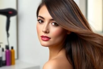 Γυναίκα με υγιή και λαμπερά μαλλιά, έτοιμη να χρησιμοποιήσει το πιστολάκι με σωστές τεχνικές φροντίδας.