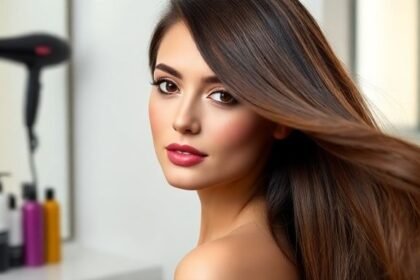 Γυναίκα με υγιή και λαμπερά μαλλιά, έτοιμη να χρησιμοποιήσει το πιστολάκι με σωστές τεχνικές φροντίδας.