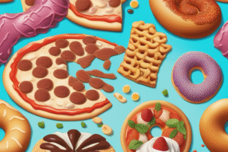 Διάφορα υπερ-επεξεργασμένα τρόφιμα όπως πίτσες, ντόνατς και αναψυκτικά τοποθετημένα με τρόπο που αναδεικνύει τη μη υγιεινή τους φύση.