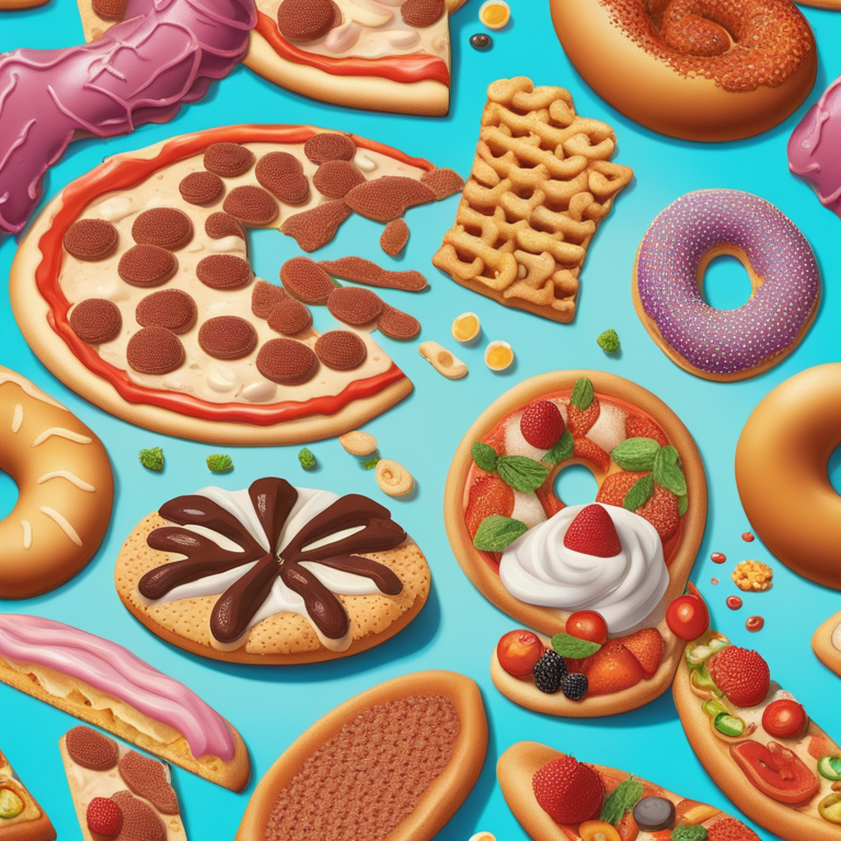 Διάφορα υπερ-επεξεργασμένα τρόφιμα όπως πίτσες, ντόνατς και αναψυκτικά τοποθετημένα με τρόπο που αναδεικνύει τη μη υγιεινή τους φύση.