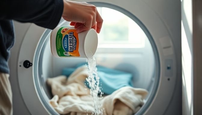 Το κόλπο με σόδα που φέρνει πίσω το αρχικό χρώμα των ρούχων σου 2 Κοντινή φωτογραφία ανθρώπου που ρίχνει σόδα στο πλυντήριο