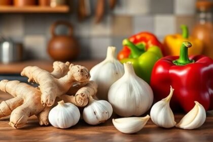 Φρέσκο τζίντζερ, σκόρδο και πολύχρωμες πιπεριές σε μια κουζίνα, τονίζοντας τη σημασία της σωστής αποθήκευσης τους.