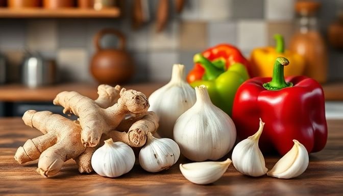 Φρέσκο τζίντζερ, σκόρδο και πολύχρωμες πιπεριές σε μια κουζίνα, τονίζοντας τη σημασία της σωστής αποθήκευσης τους.