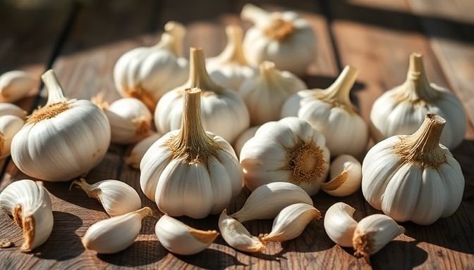 Φρέσκα σκόρδα και κρεμμύδια σε ξύλινο τραπέζι