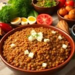 Ένα παραδοσιακό ελληνικό γεύμα με φακές και διάφορα υγιεινά συνοδευτικά όπως φέτα, αυγά και κοτόπουλο.