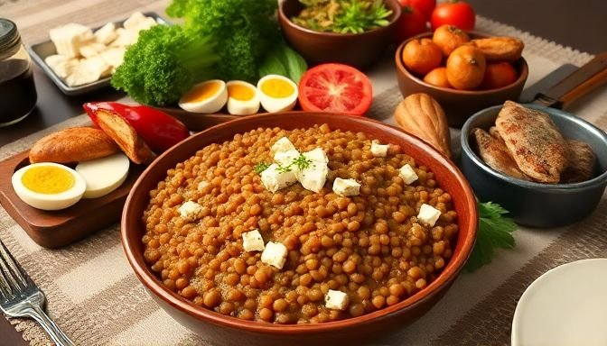 Ένα παραδοσιακό ελληνικό γεύμα με φακές και διάφορα υγιεινά συνοδευτικά όπως φέτα, αυγά και κοτόπουλο.