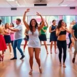 Διαφορετικοί χορευτές σε μια ζωντανή αίθουσα χορού, απολαμβάνοντας την κίνηση για καύση θερμίδων.