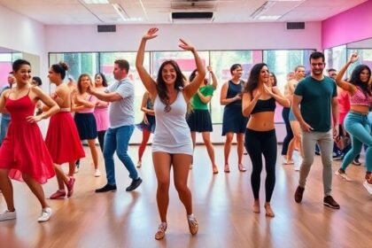 Διαφορετικοί χορευτές σε μια ζωντανή αίθουσα χορού, απολαμβάνοντας την κίνηση για καύση θερμίδων.