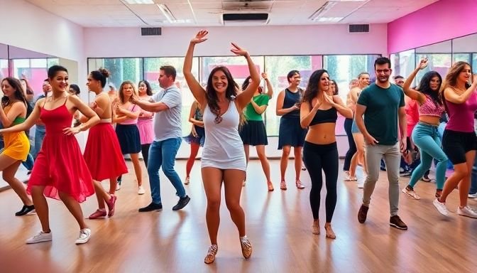 Διαφορετικοί χορευτές σε μια ζωντανή αίθουσα χορού, απολαμβάνοντας την κίνηση για καύση θερμίδων.